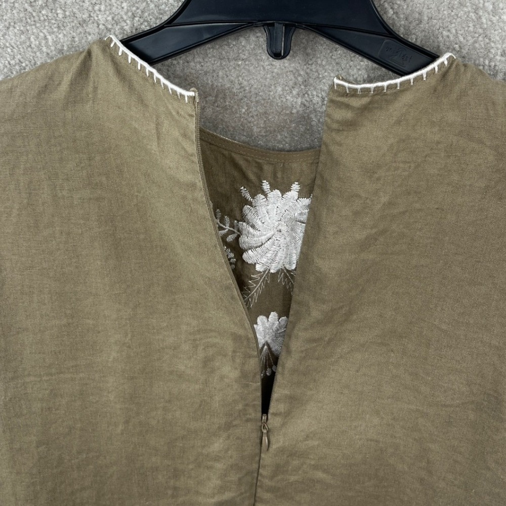 Zara Woman Linen Embroidered Mini Dress Womens M Olive‎ Green Floral Scalloped - Picture 5 of 9
